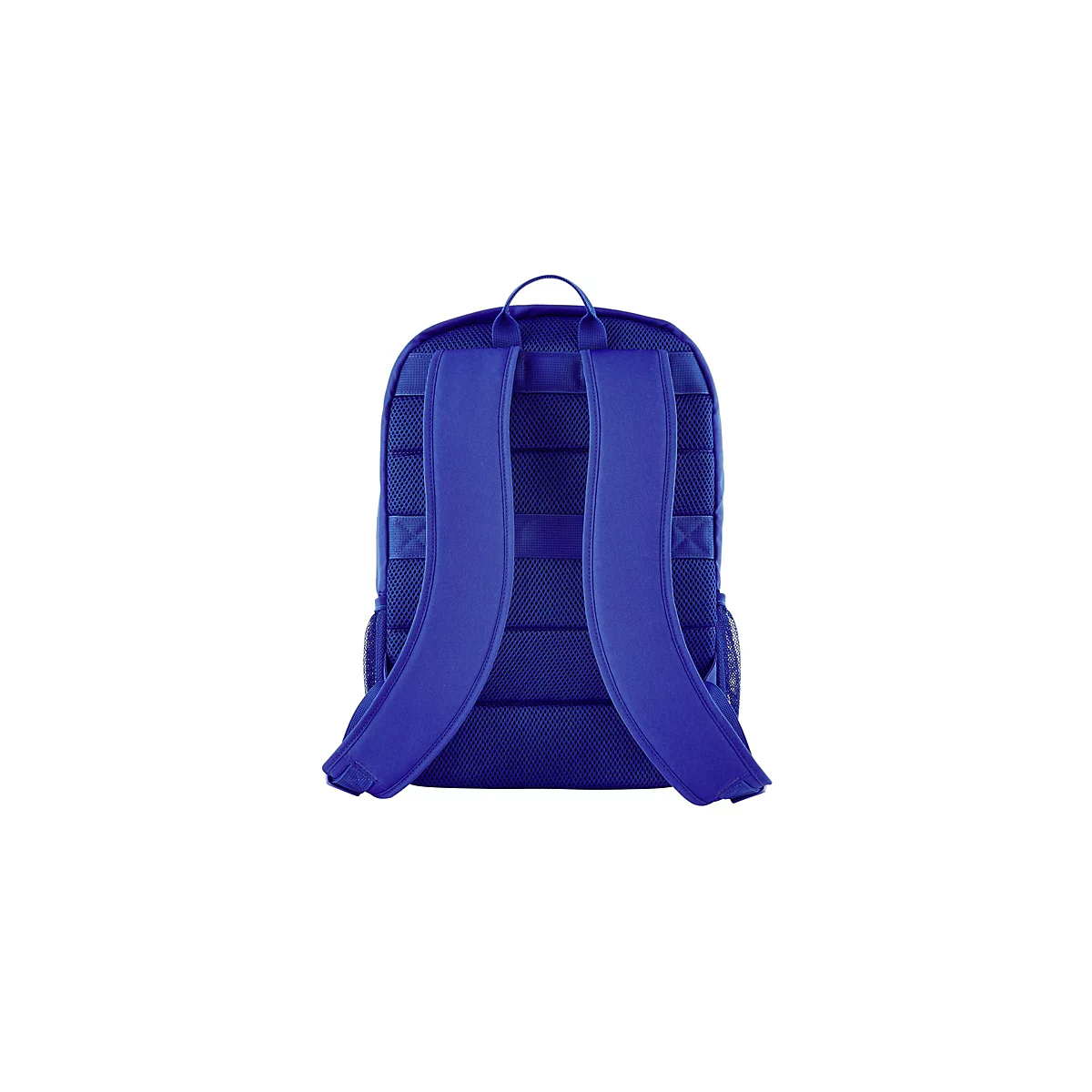 Rückansicht eines blauen Rucksacks. Deutlich sind Träger, Rückenpolsterung und ein Tragegriff zu sehen.