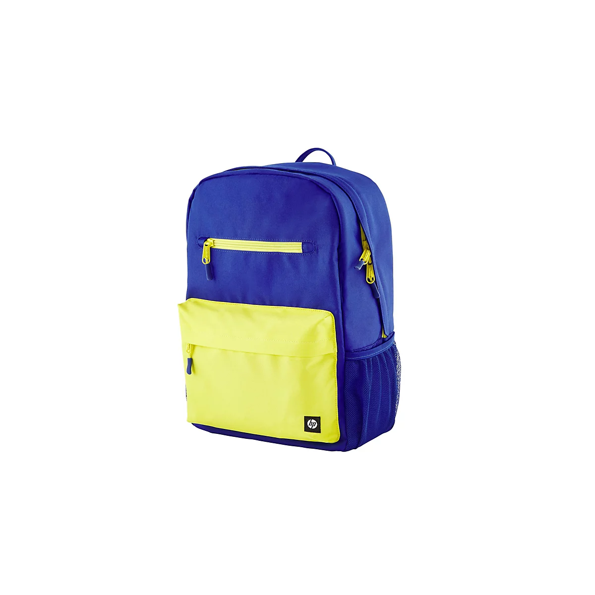 Blauer und gelber Rucksack mit Reißverschlüssen und HP-Logo, isoliert auf weißem Hintergrund.