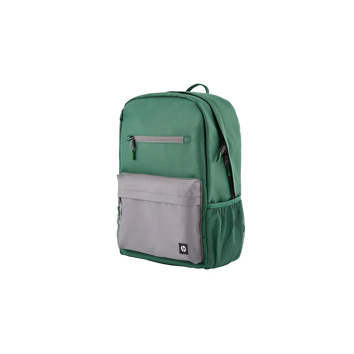 Grüner HP Rucksack mit grauer Fronttasche und seitlichen Netztaschen auf weißem Hintergrund.