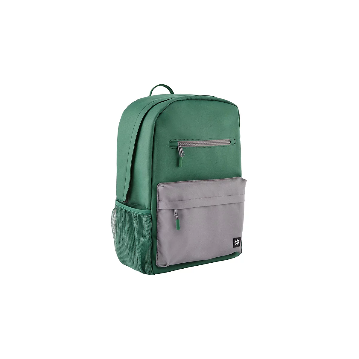 Grüner HP Rucksack mit grauer Vordertasche. Reißverschlüsse und Logo sind sichtbar.