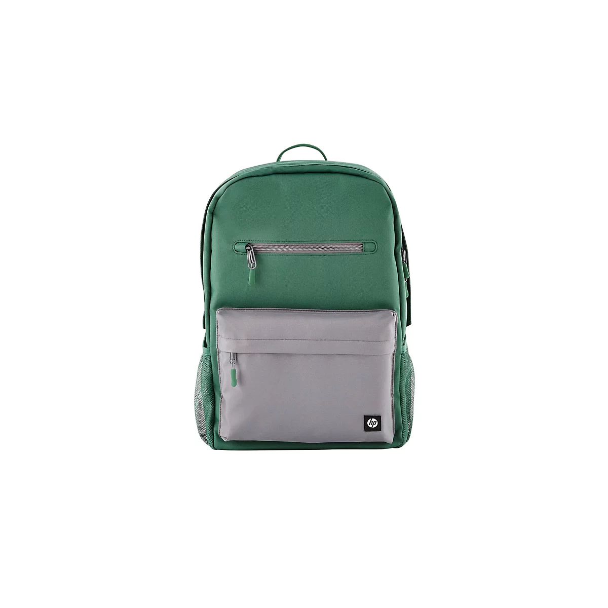 Grüner HP Rucksack mit grauer Fronttasche und HP-Logo vor weißem Hintergrund.