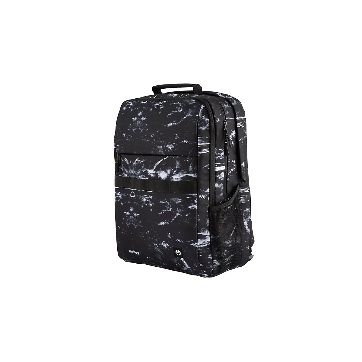 Schwarzer Rucksack mit weißem Marmormuster. Er hat eine Handgelenkschlaufe, mehrere Fächer und das HP-Logo.