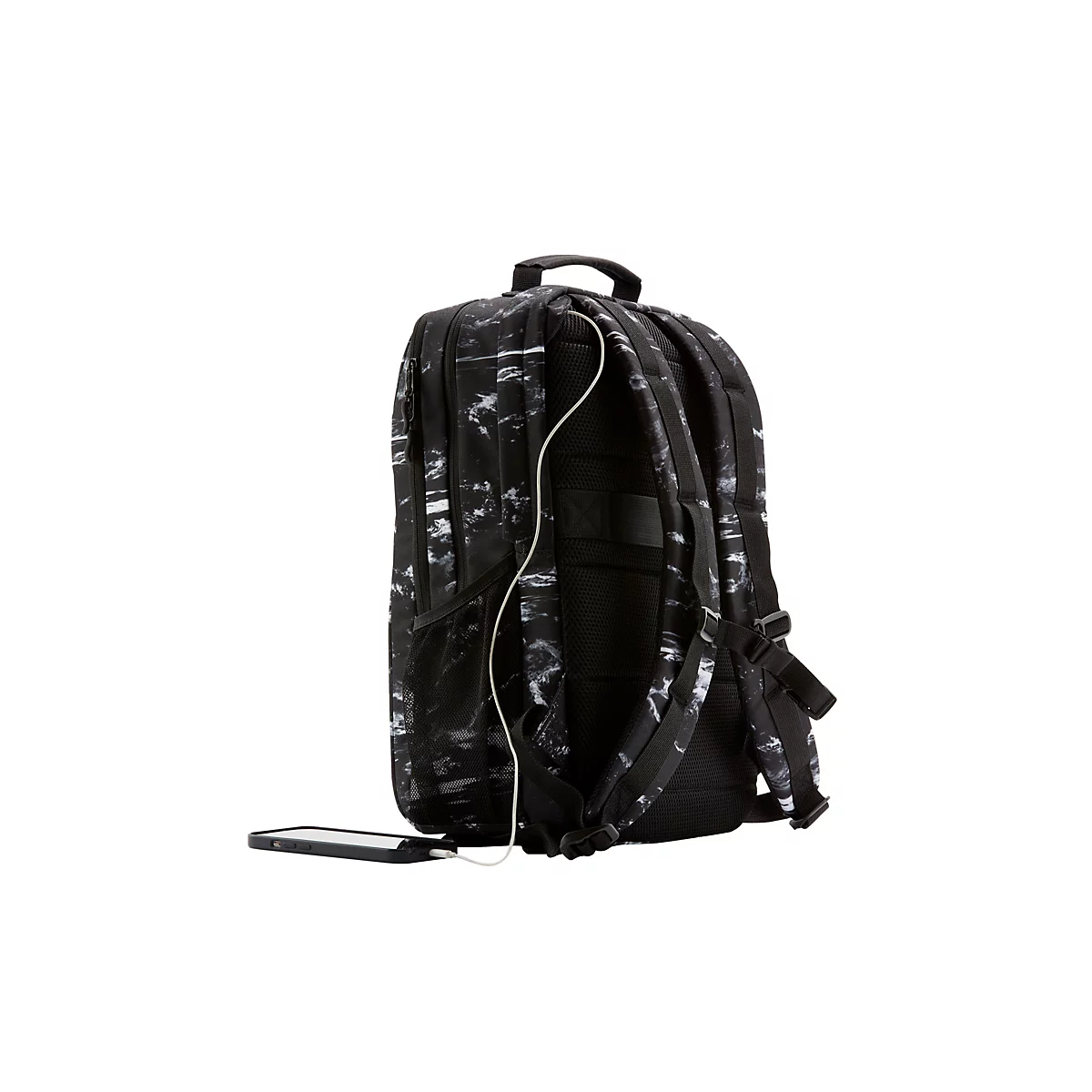 Schwarzer Rucksack mit weißem Muster, seitlich vor weißem Hintergrund. Ein Kabel verbindet den Rucksack mit einem Smartphone.