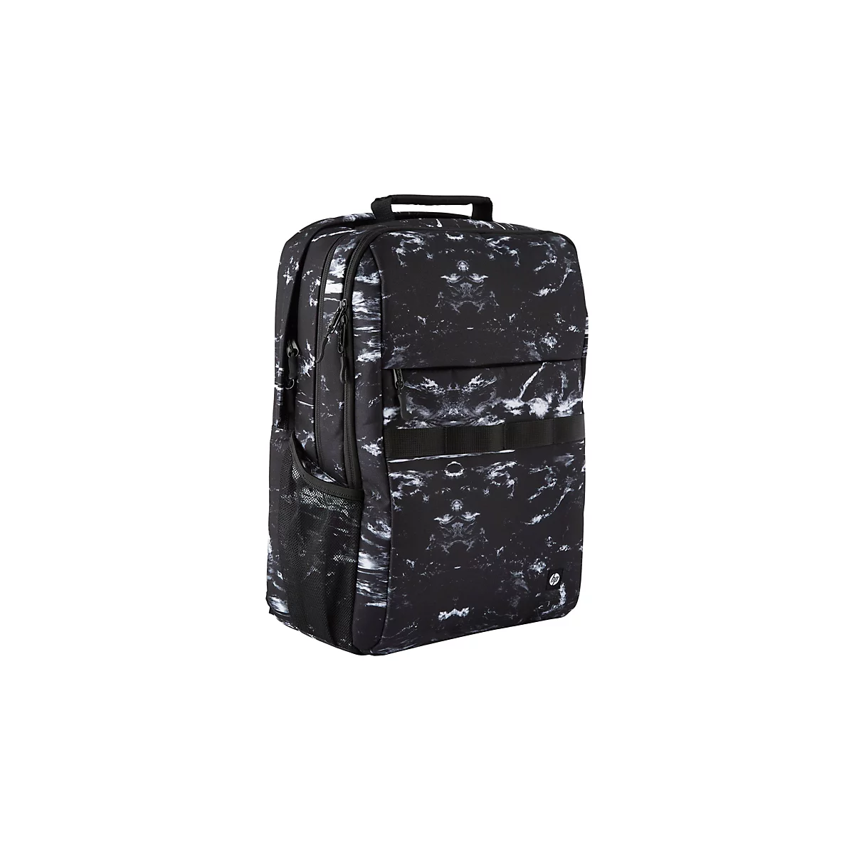 Schwarzer Laptop-Rucksack mit weißem Marmormuster, Seitentasche aus Netzstoff und HP-Logo.