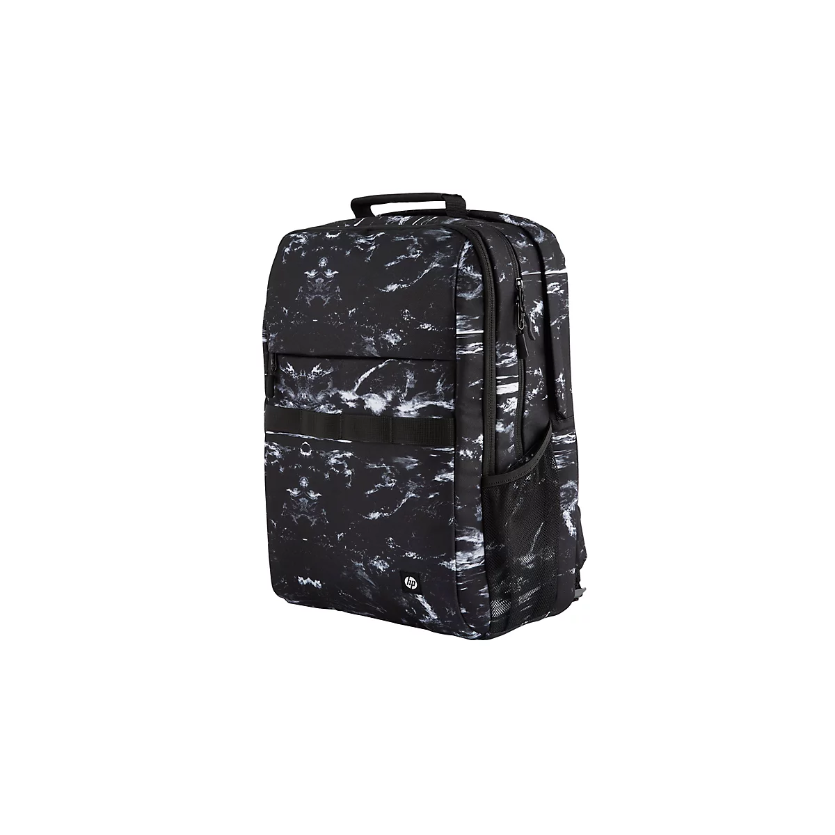Ein schwarzer Rucksack mit weißem Marmormuster. Er hat eine obere Trageschlaufe, eine Reißverschlusstasche und das HP-Logo.