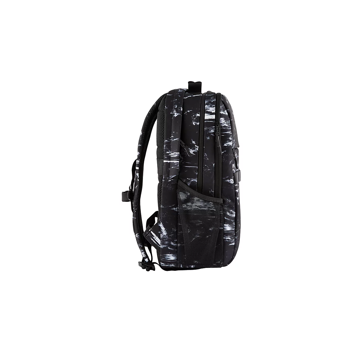 Schwarzer Rucksack mit weißem Marmormuster, seitliche Ansicht. Mit Netzfach und Reißverschlüssen.