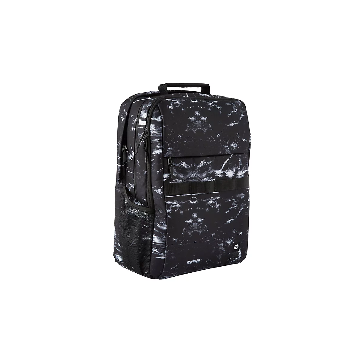 Schwarzer Rucksack mit weißem Marmormuster und HP-Logo vor weißem Hintergrund.