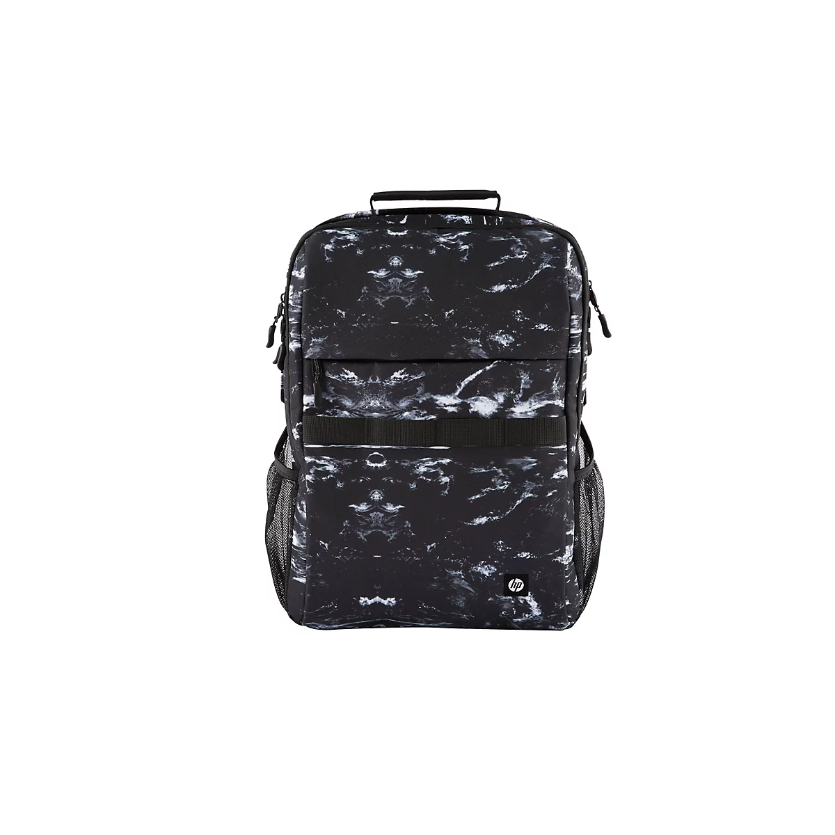 Schwarzer Rucksack mit weißem Marmormuster. Er hat schwarze Tragegriffe, Reißverschlüsse und ein HP-Logo.