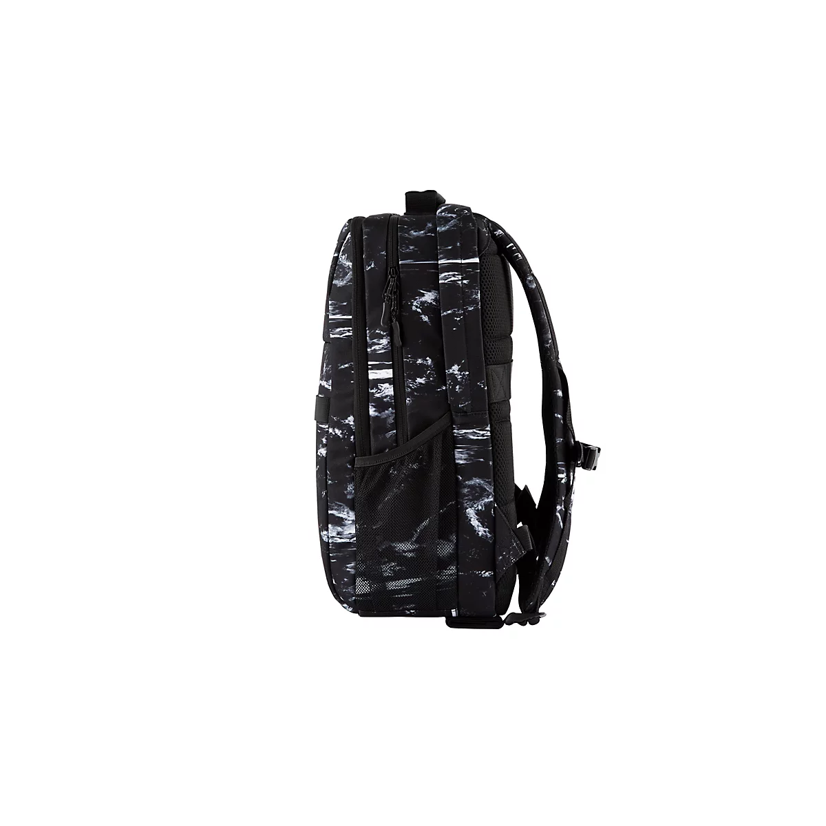Schwarzer Rucksack mit weißem, abstraktem Muster von der Seite, mit Netzfach und gepolsterten Trägern.