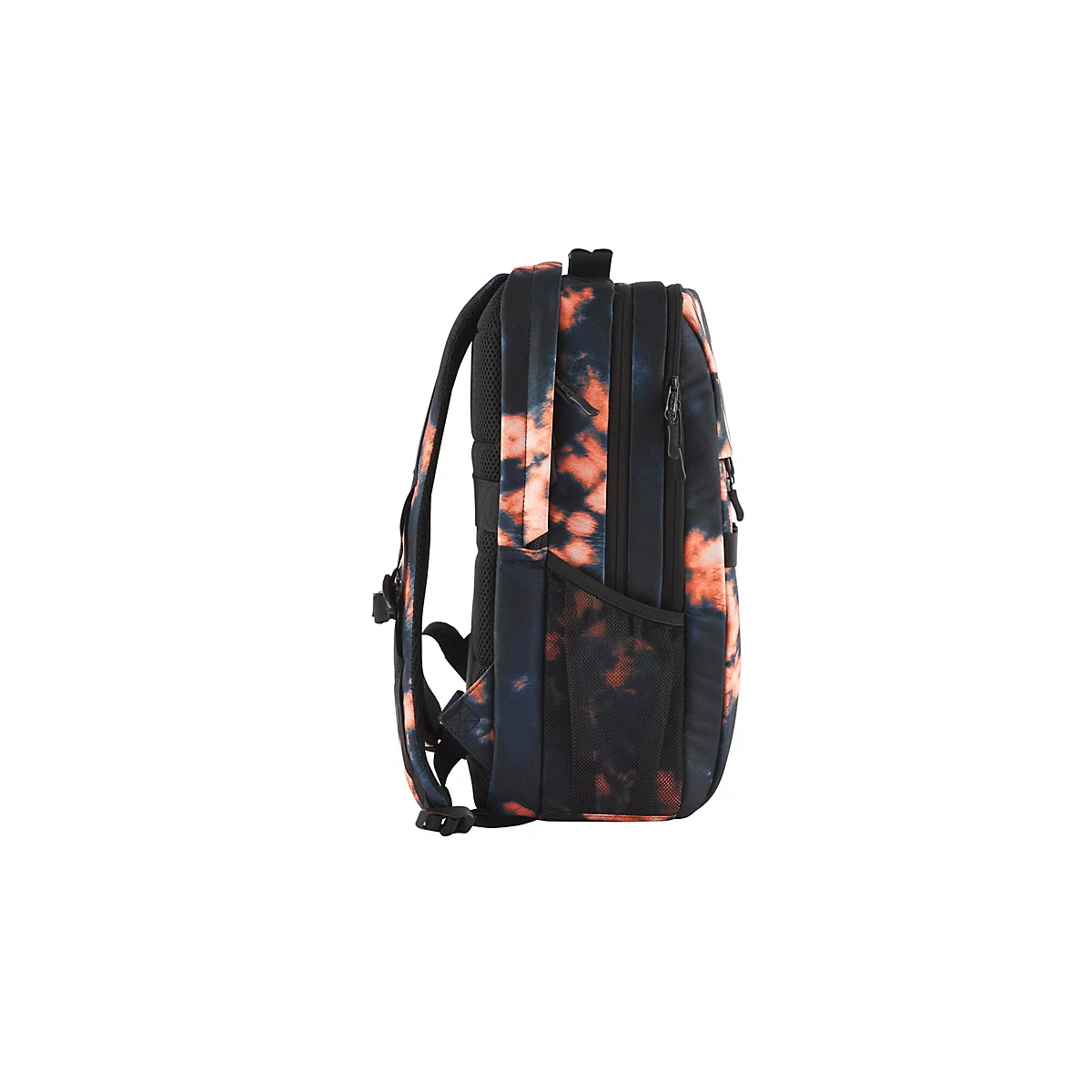 Seitenansicht eines Rucksacks mit Batikmuster in Orange und Blau. Der Rucksack hat zwei Riemen und mehrere Reißverschlusstaschen.