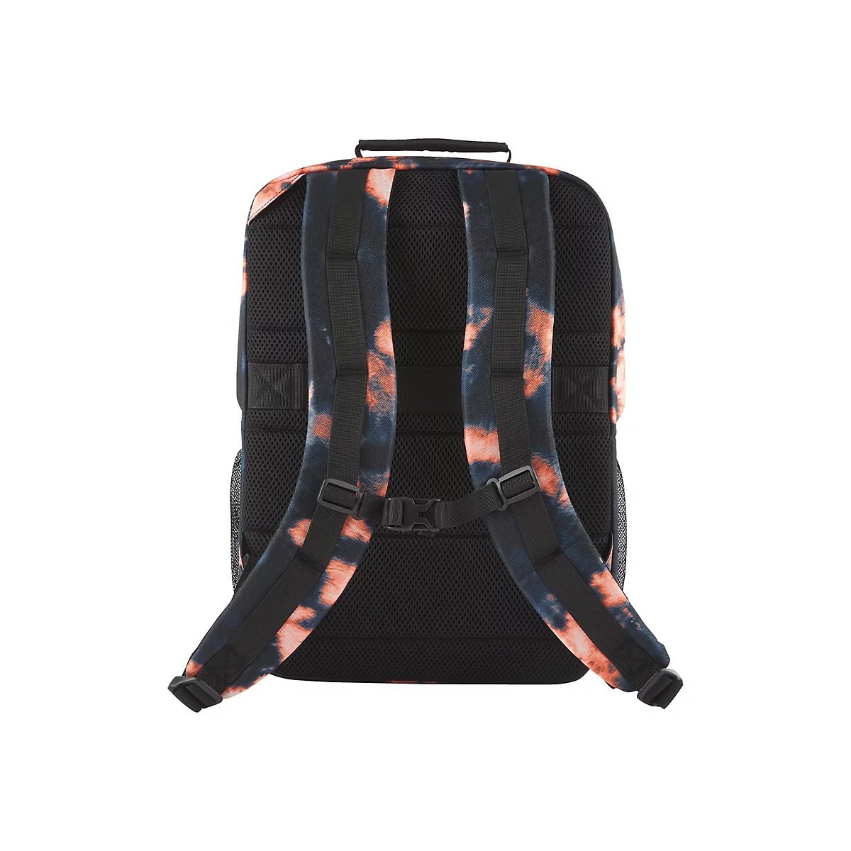 Rucksack-RÃ¼ckseite. Schwarz mit Batik-Muster in Blau- und OrangetÃ¶nen. Verstellbare Gurte und Tragegriff.