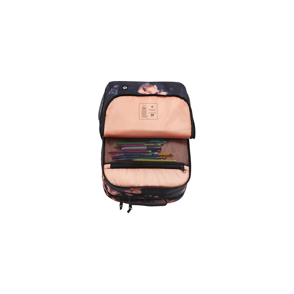 Offener Rucksack mit Blumenmuster. Innenfach mit Stiften, dahinter ein Fach mit ReiÃŸverschluss.