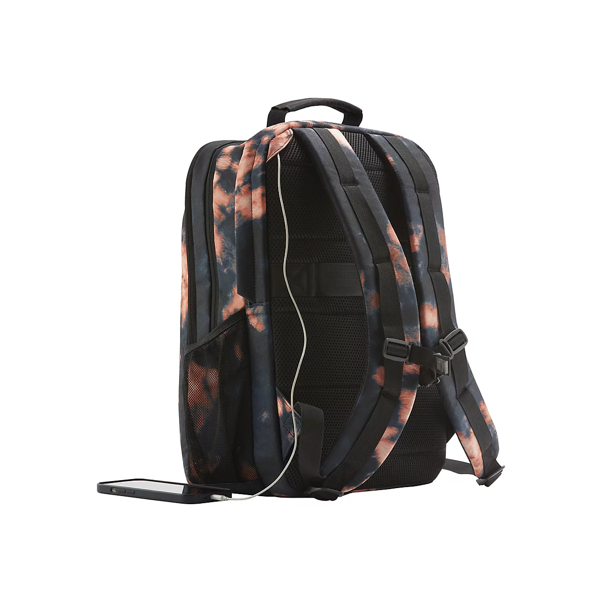 Schwarzer Rucksack mit rosa und blauen FarbtÃ¶nen. Ein Kabel verbindet das Smartphone mit dem Rucksack.