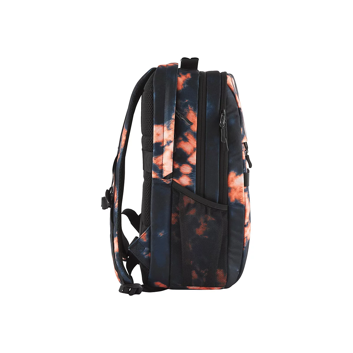 Ein schwarzer Rucksack mit orangefarbenen und blauen Mustern, Seitenansicht.