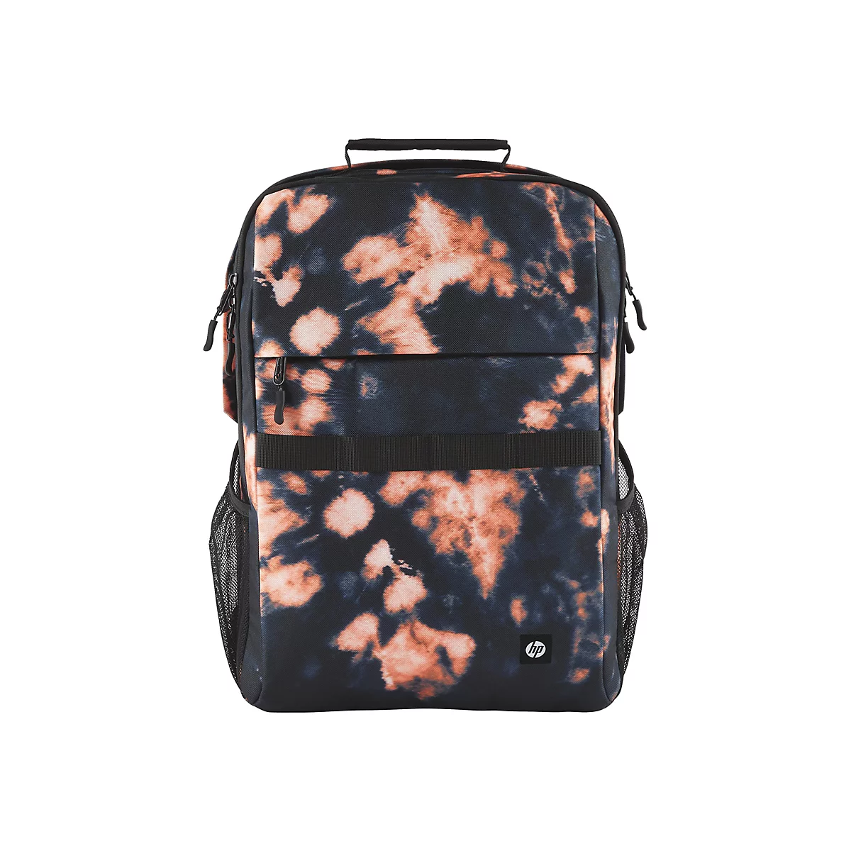 Schwarzer Rucksack mit Batikmuster in Orange und WeiÃŸ, Griff oben und seitliche Netztaschen.