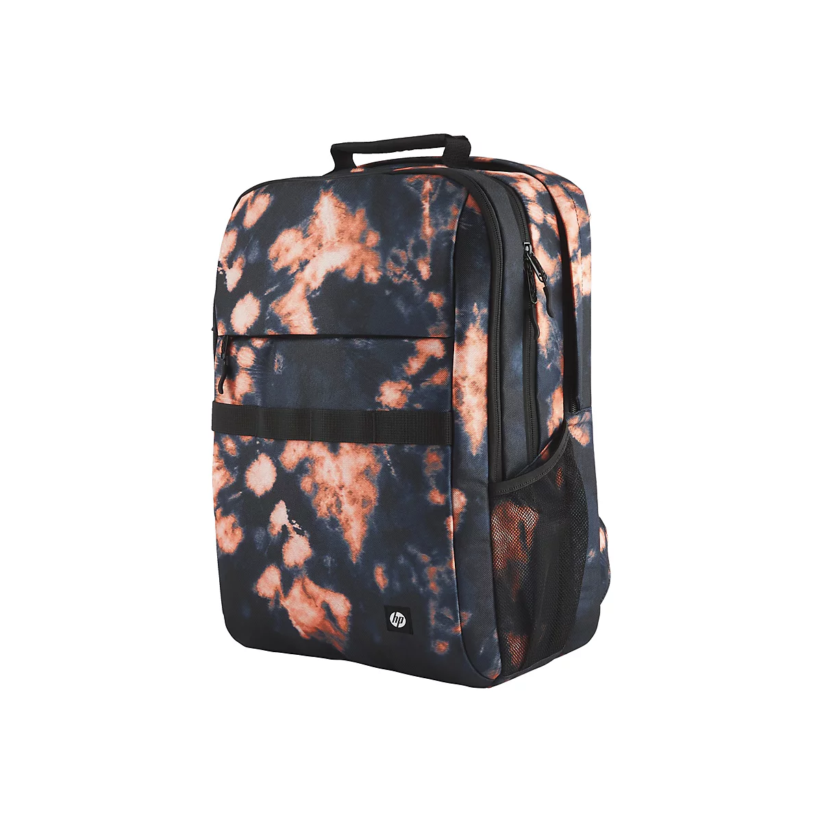 Schwarzer Rucksack mit Batikmuster und Griff oben. HP-Logo unten rechts.
