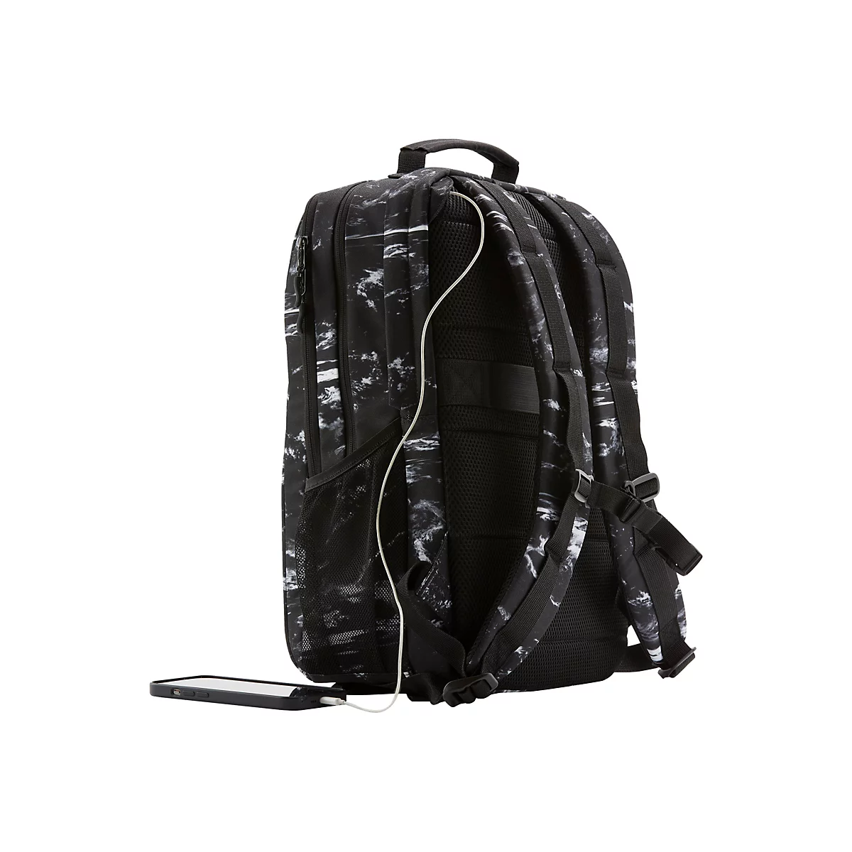 Schwarzer Rucksack mit weiÃŸem Muster, Kabel zum Smartphone.