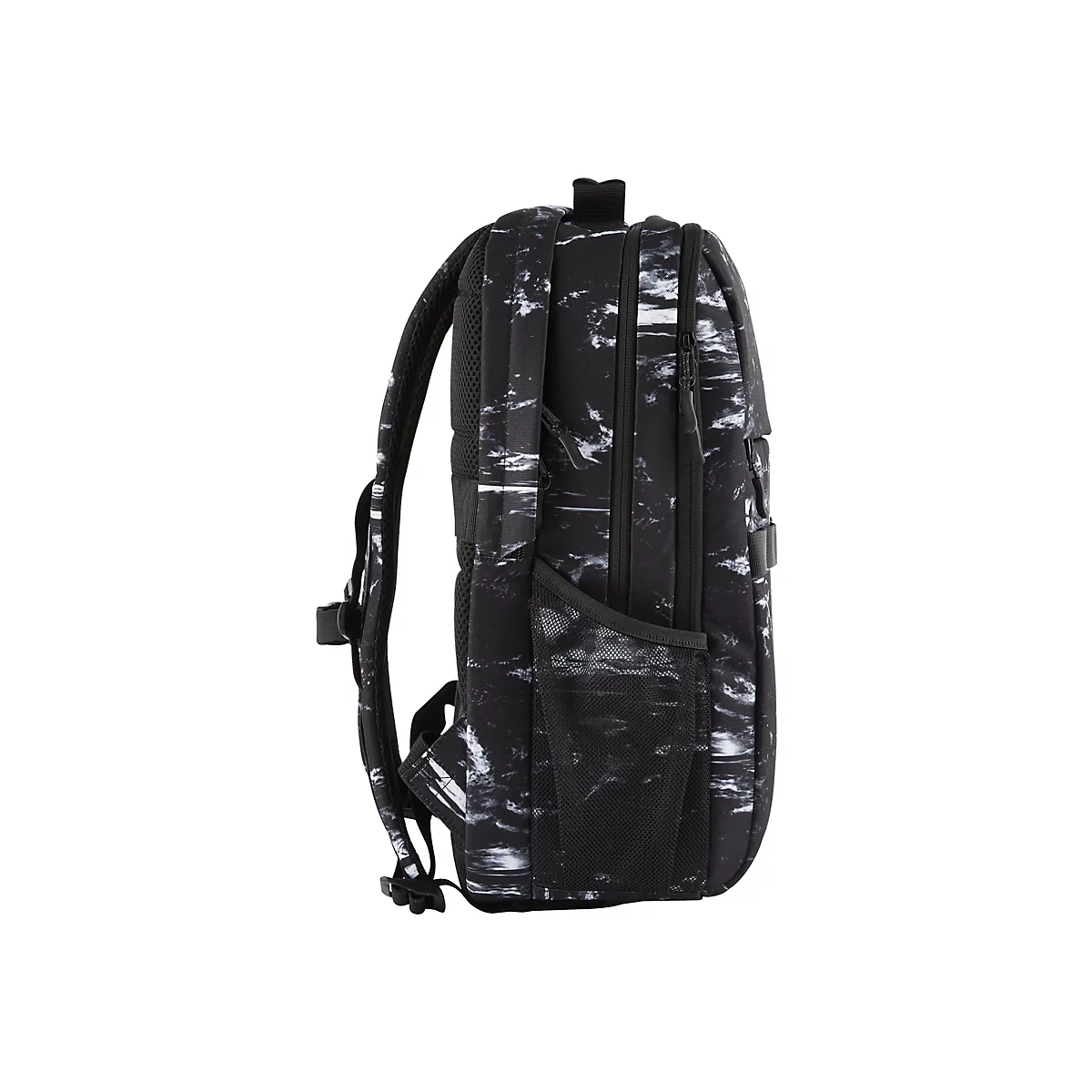 Schwarzer Rucksack mit weiÃŸem Muster, Detailansicht. Zwei Trageriemen, Seitenfach.