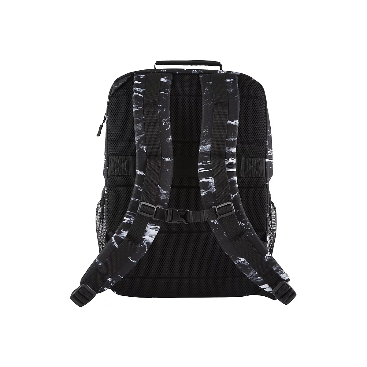 Schwarzer Rucksack mit weiÃŸem Muster. Auf der RÃ¼ckseite sind verstellbare Gurte und ein Brustgurt zu sehen.