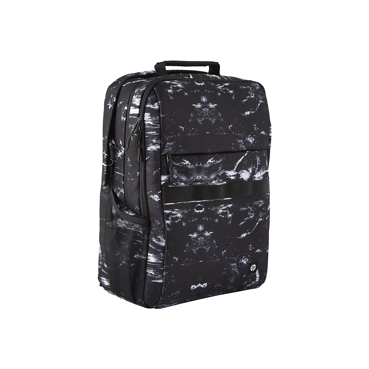 Schwarzer Rucksack mit weiÃŸem Marmormuster und schwarzem Griff, auf weiÃŸem Hintergrund.