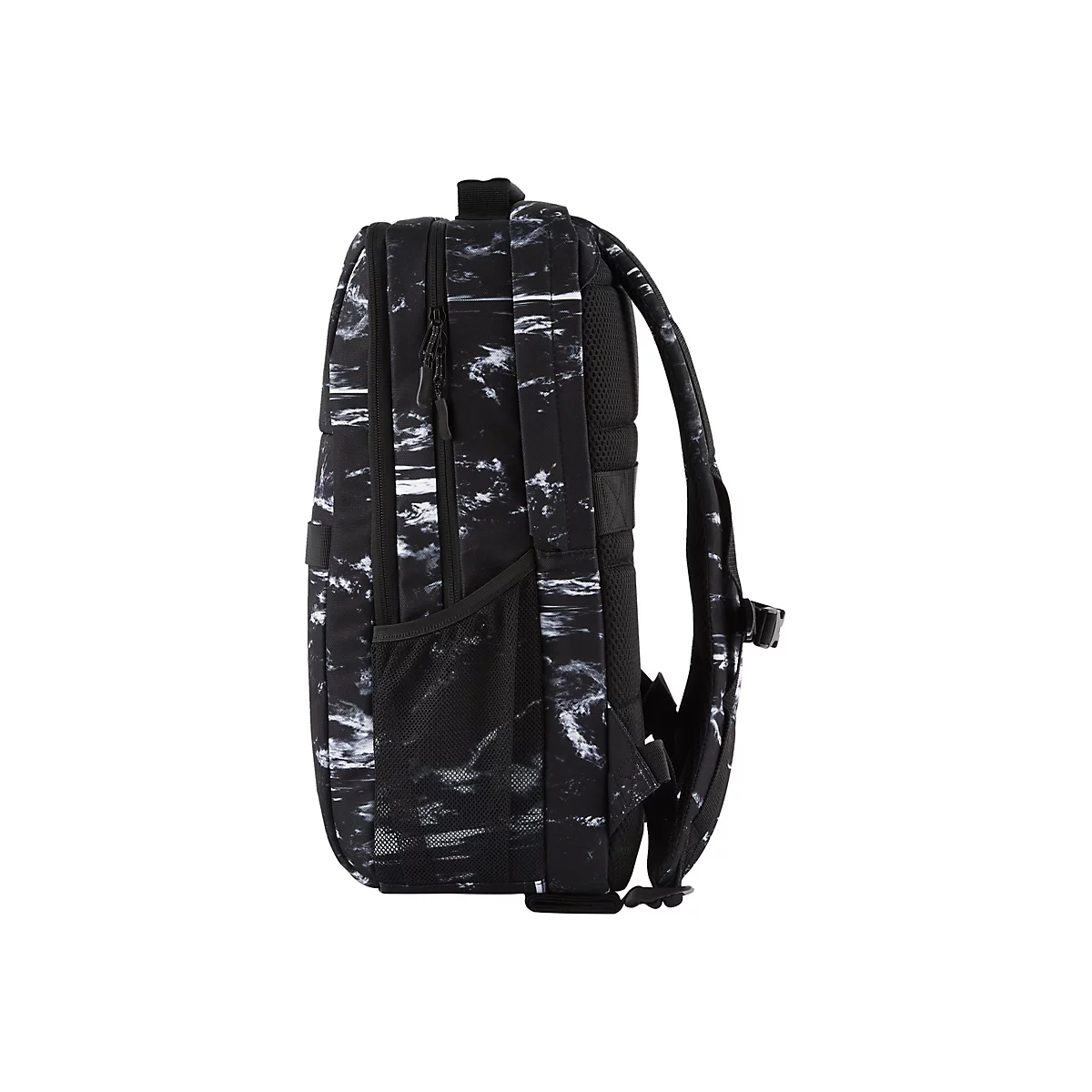 Schwarzer Rucksack mit weiÃŸem Muster, Seitenansicht. Gepolsterte Gurte und RÃ¼ckenpartie. ReiÃŸverschluss und kleine Tasche.