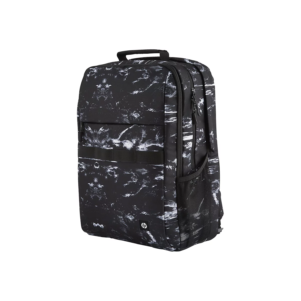 Schwarzer Rucksack mit weiÃŸem Marmormuster. Er hat eine obere Trageschlaufe und Seitentaschen.