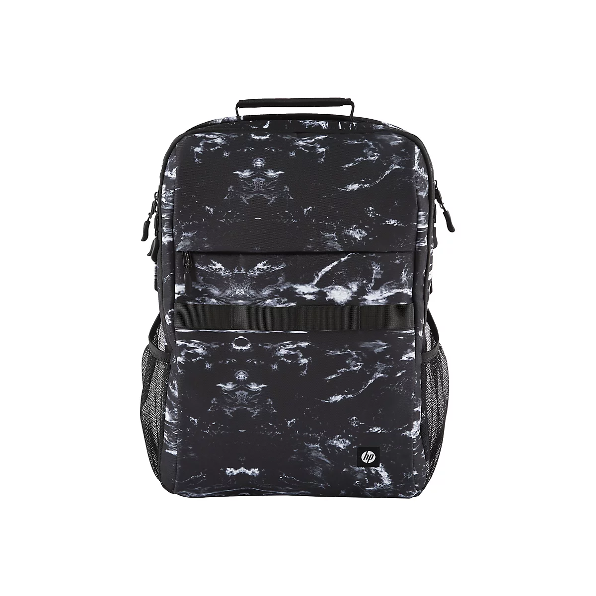 Schwarzer Rucksack mit weiÃŸem Marmormuster. Er hat eine Fronttasche, Seitentaschen und einen Tragegriff.