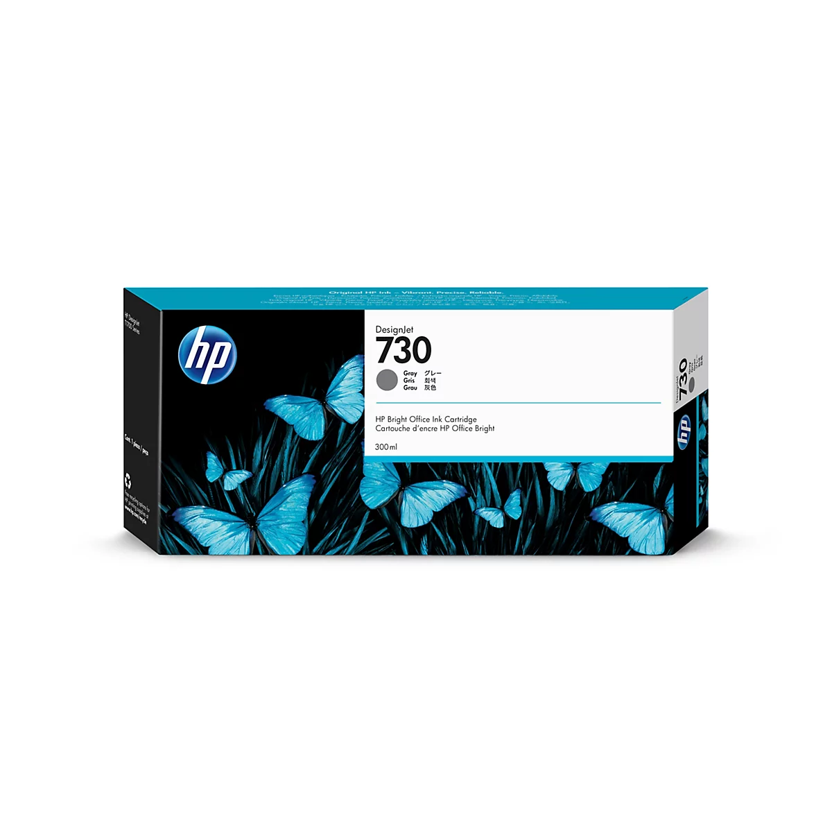 Une cartouche d'encre HP avec l'étiquette "730". Le produit est représenté dans un emballage avec un motif de papillon.