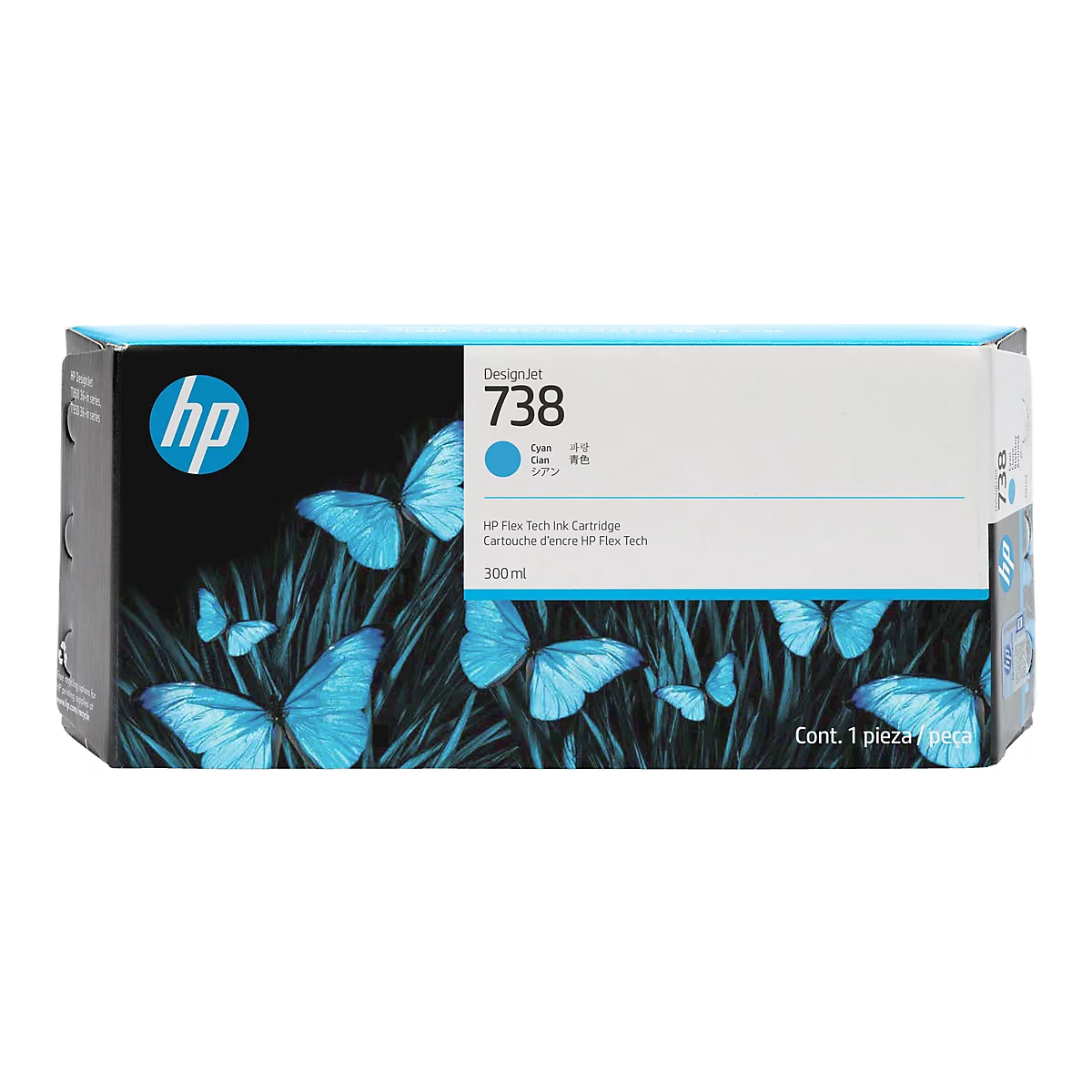 Une cartouche d'encre HP DesignJet avec le numéro 738, couleur cyan. Des papillons et le logo HP figurent sur l'emballage.