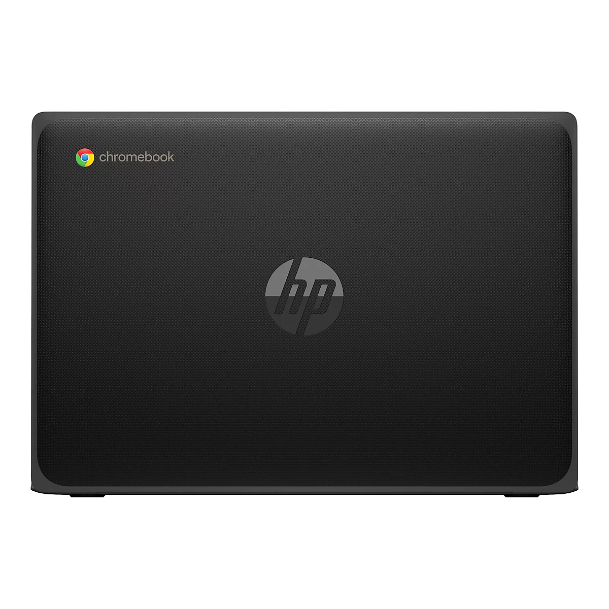 Schwarzes HP Chromebook. Auf dem Deckel das HP-Logo, links das Chromebook-Logo.