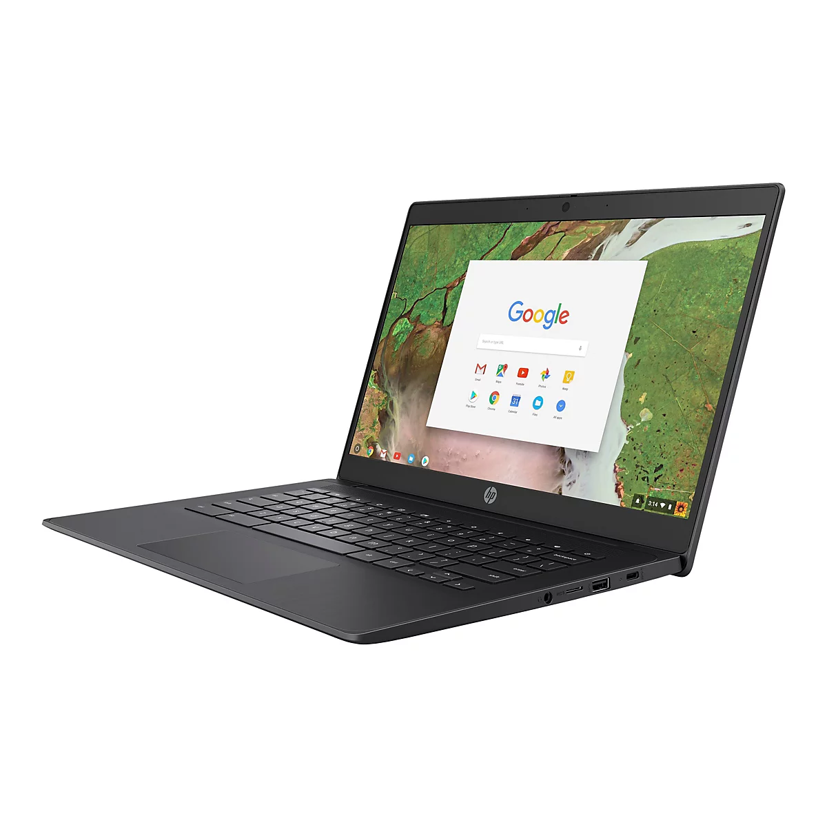Schwarzer Laptop, geöffnet. Auf dem Bildschirm ist die Google-Startseite zu sehen. Das HP-Logo befindet sich unterhalb des Bildschirms.