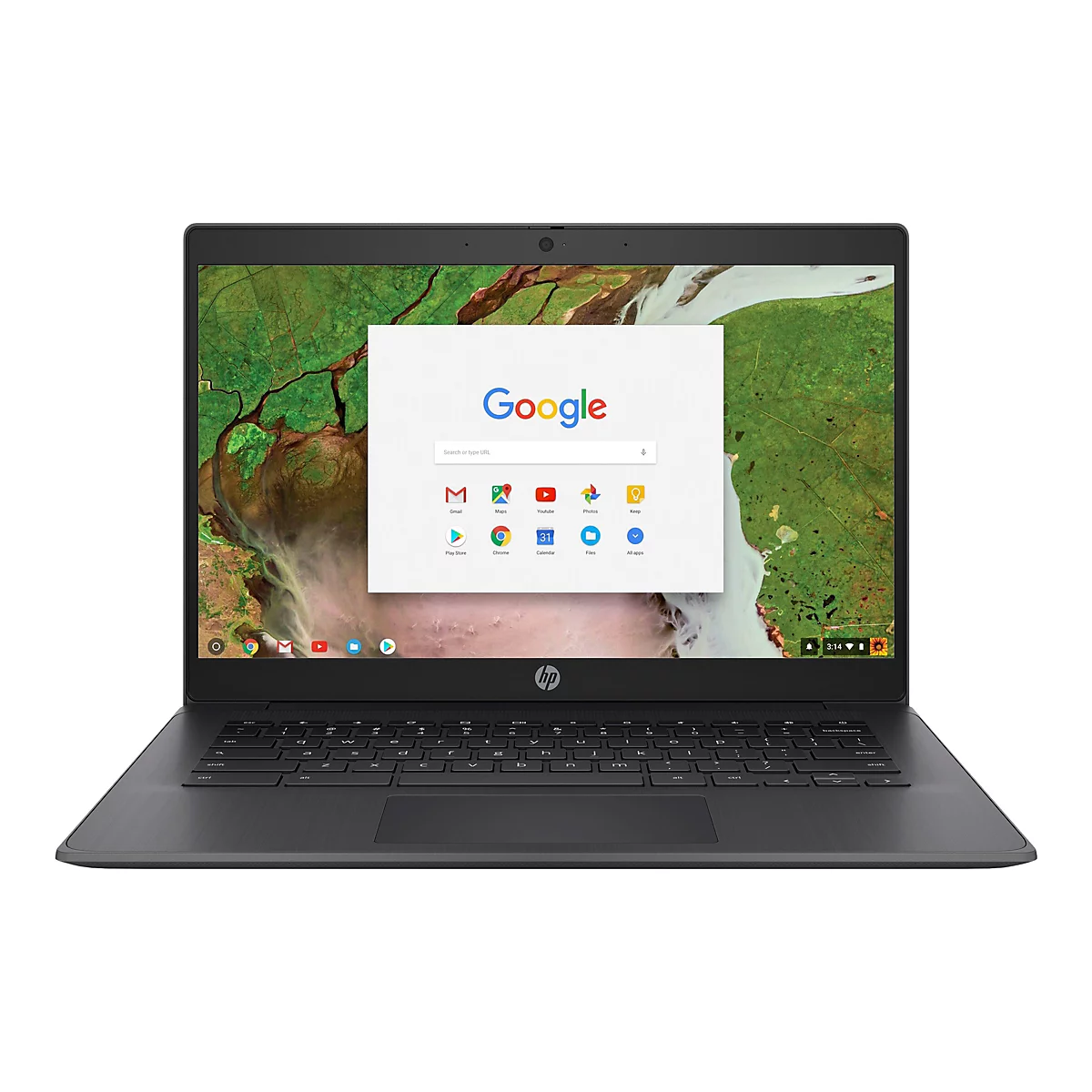 Schwarzes HP Chromebook. Auf dem Bildschirm ist die Google-Startseite zu sehen, mit App-Symbolen wie Gmail, Maps und YouTube. Die Tastatur ist ebenfalls sichtbar.