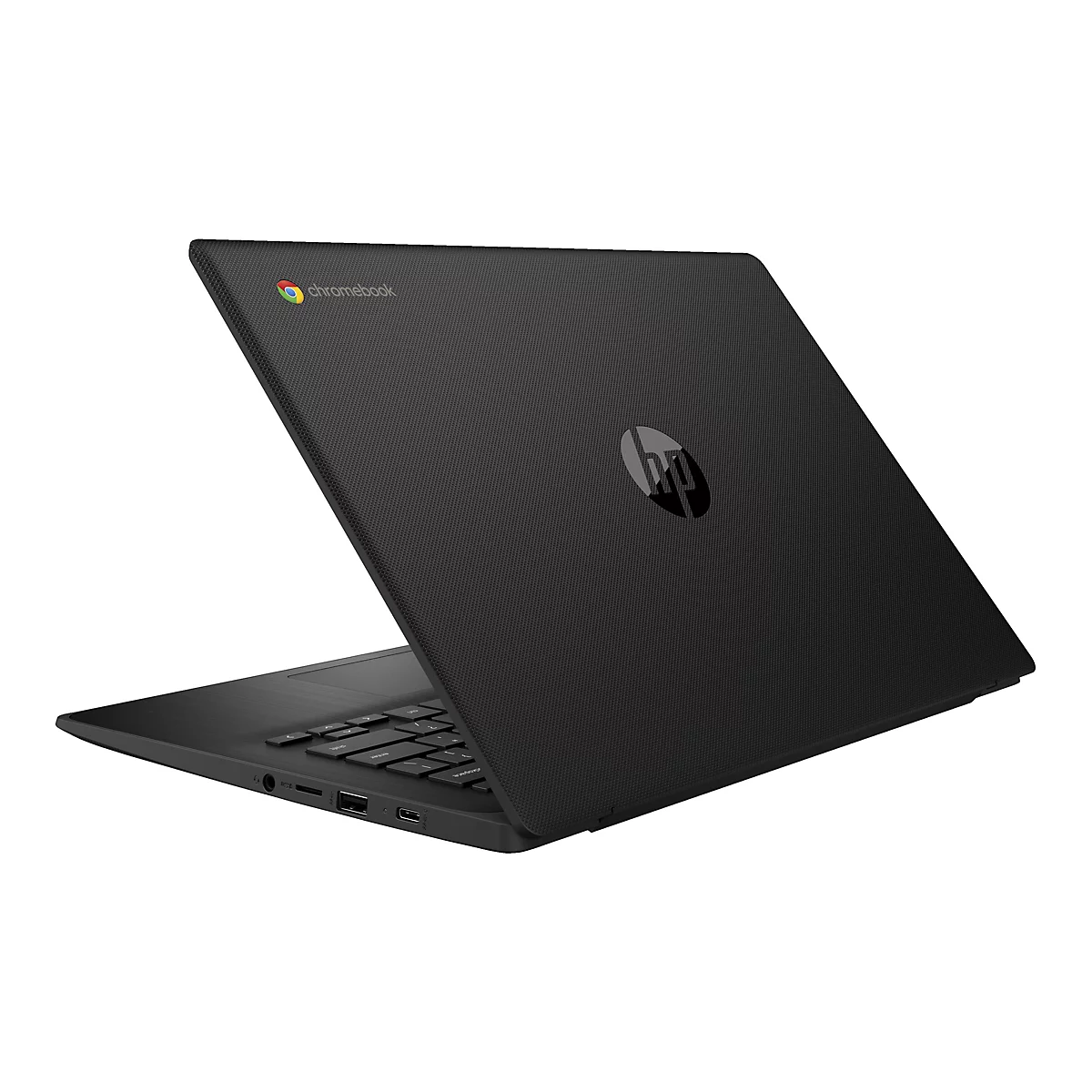 Ein schwarzes Chromebook-Laptop, leicht geöffnet. Oben links das Chromebook-Logo, und auf der Rückseite das HP-Logo.