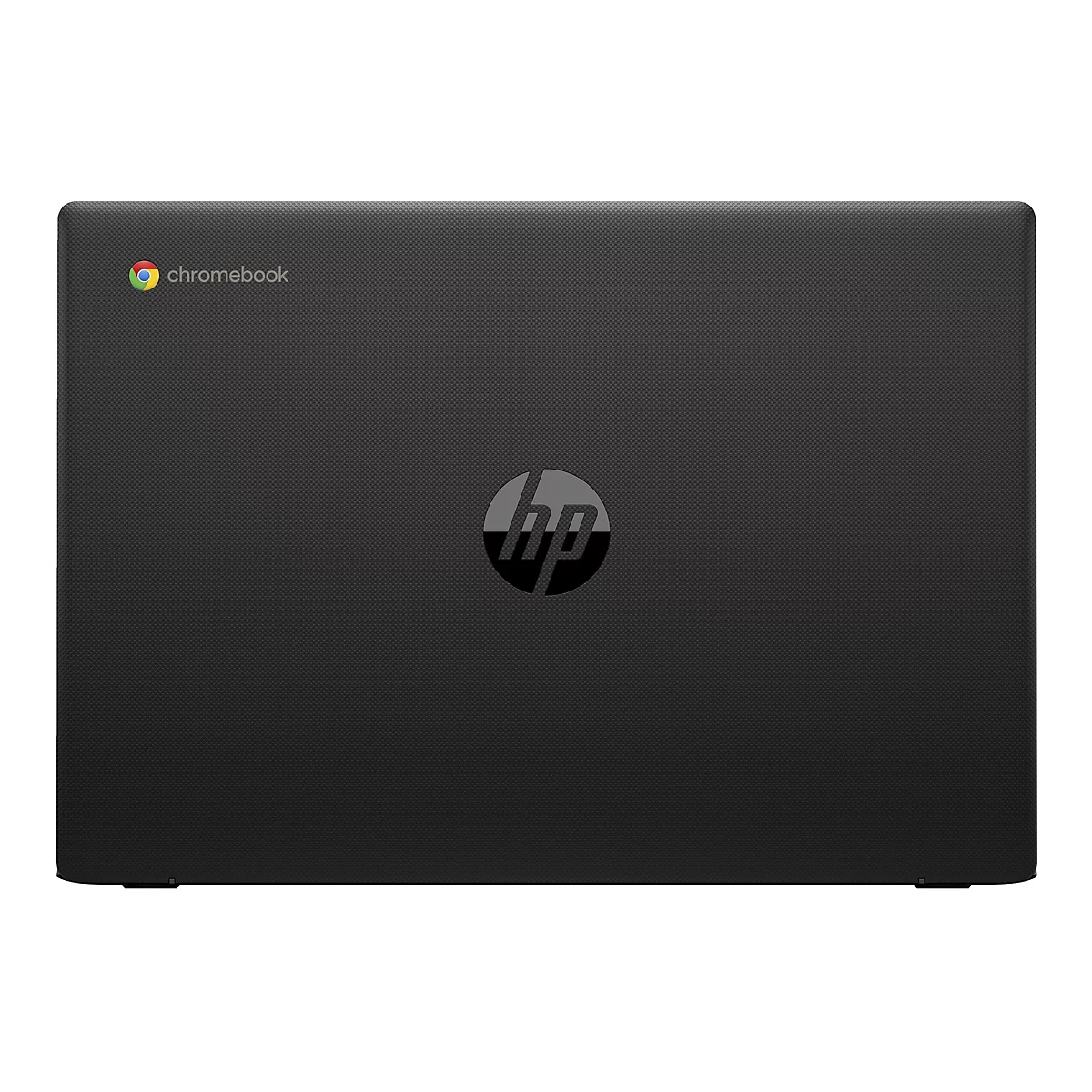 Dunkles Notebook, HP Logo mittig, Chromebook Logo links oben.