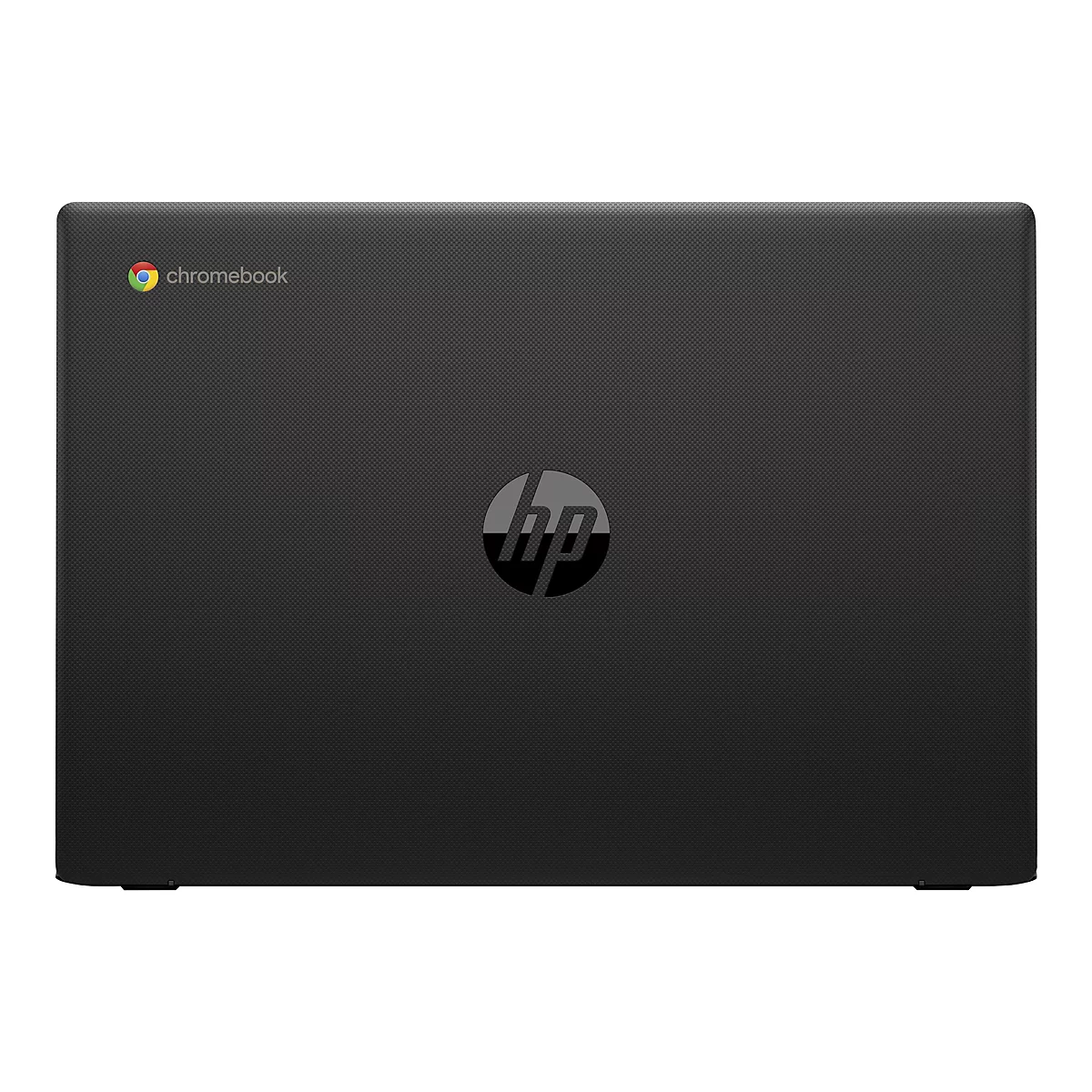 Schwarzes Chromebook Laptop, HP Logo, gepunktete Oberfläche.