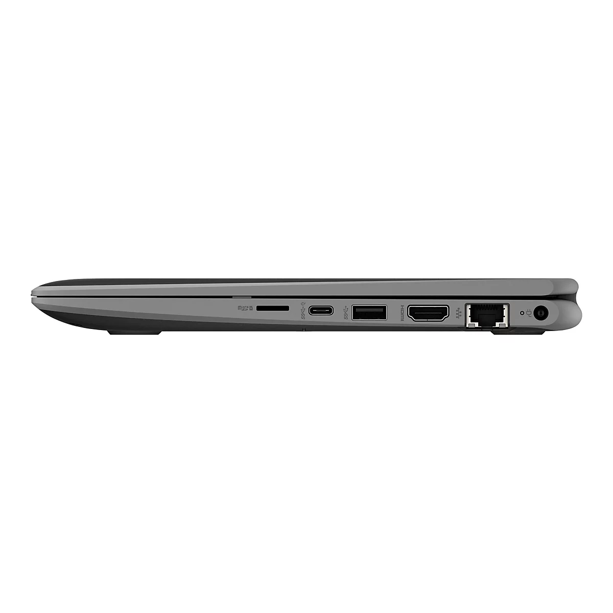 Grauer Laptop von der Seite. Anschlüsse: MicroSD, USB-C, USB, HDMI, LAN, Klinke. Abgerundete Kanten.