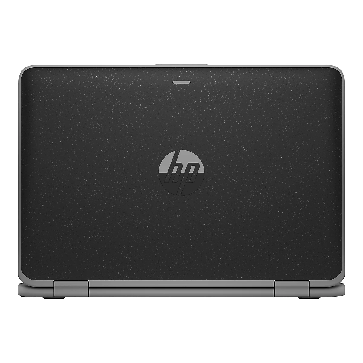 Dunkelgraues HP-Laptop-Cover mit HP-Logo, einem dünnen weißen Strich und kleinen weißen Punkten.