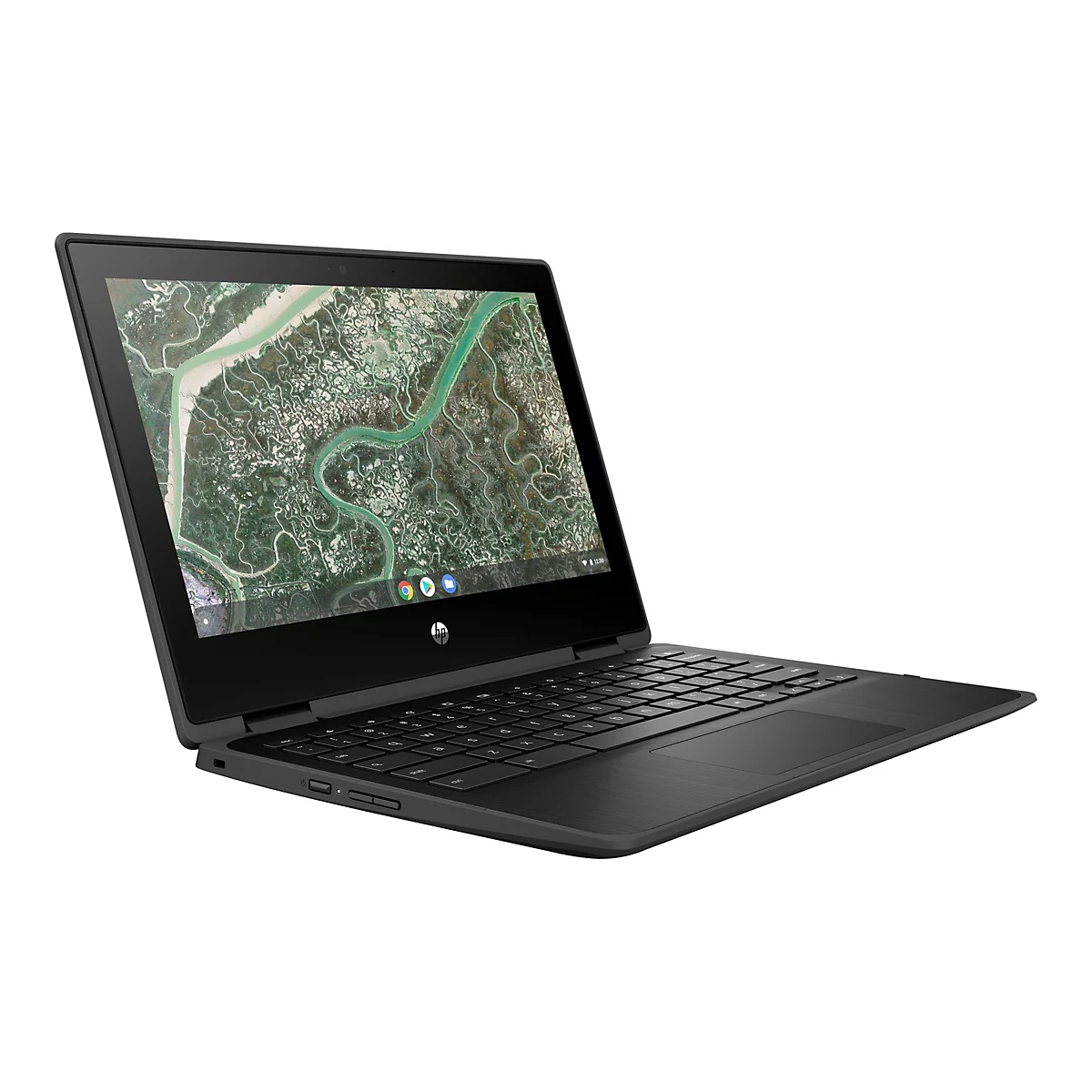Schwarzer Laptop, halb geöffnet, auf weißem Hintergrund. Bildschirm mit Karte. HP Logo.