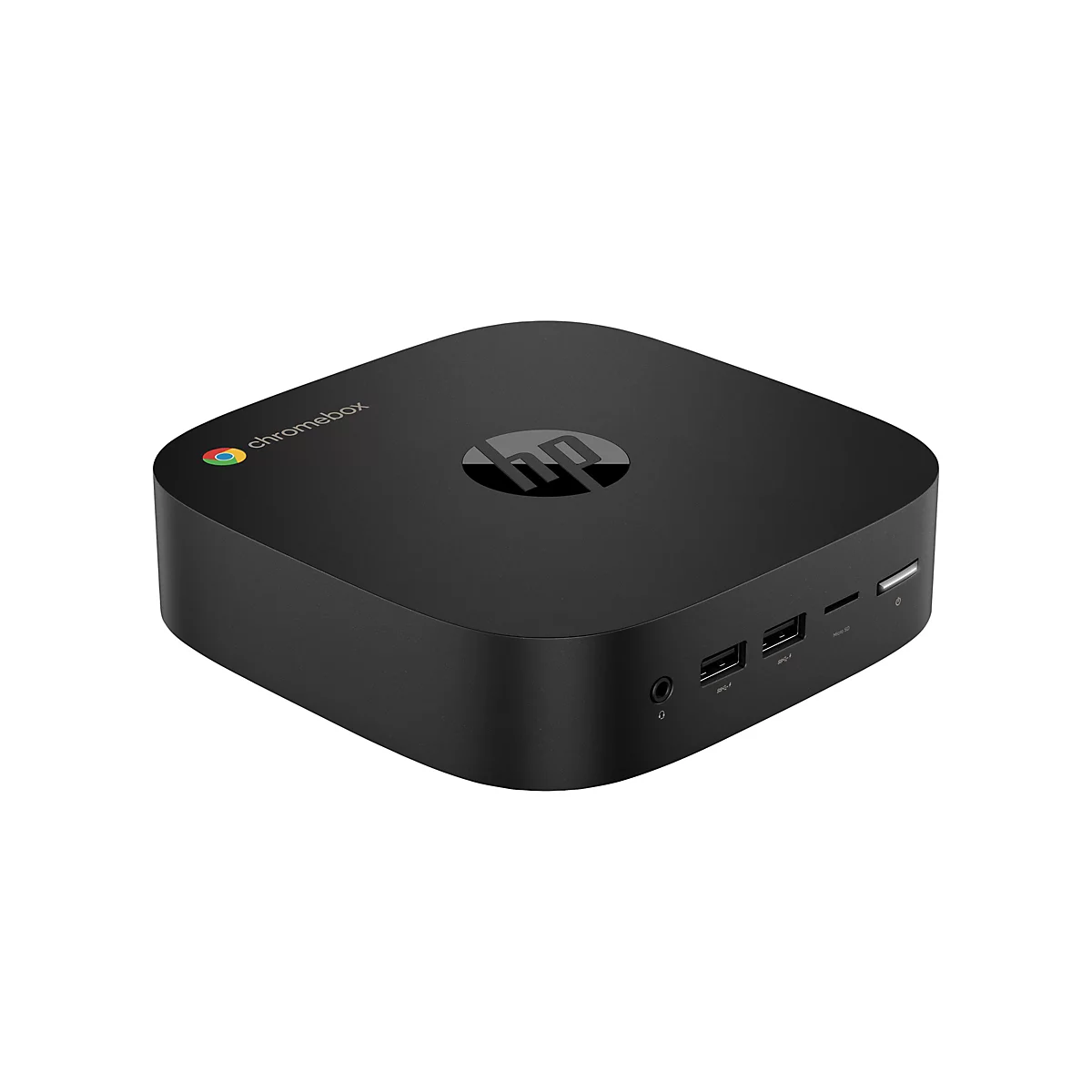 Schwarzer HP Chromebox-Computer, HP-Logo in der Mitte, Anschlüsse an der Vorderseite.
