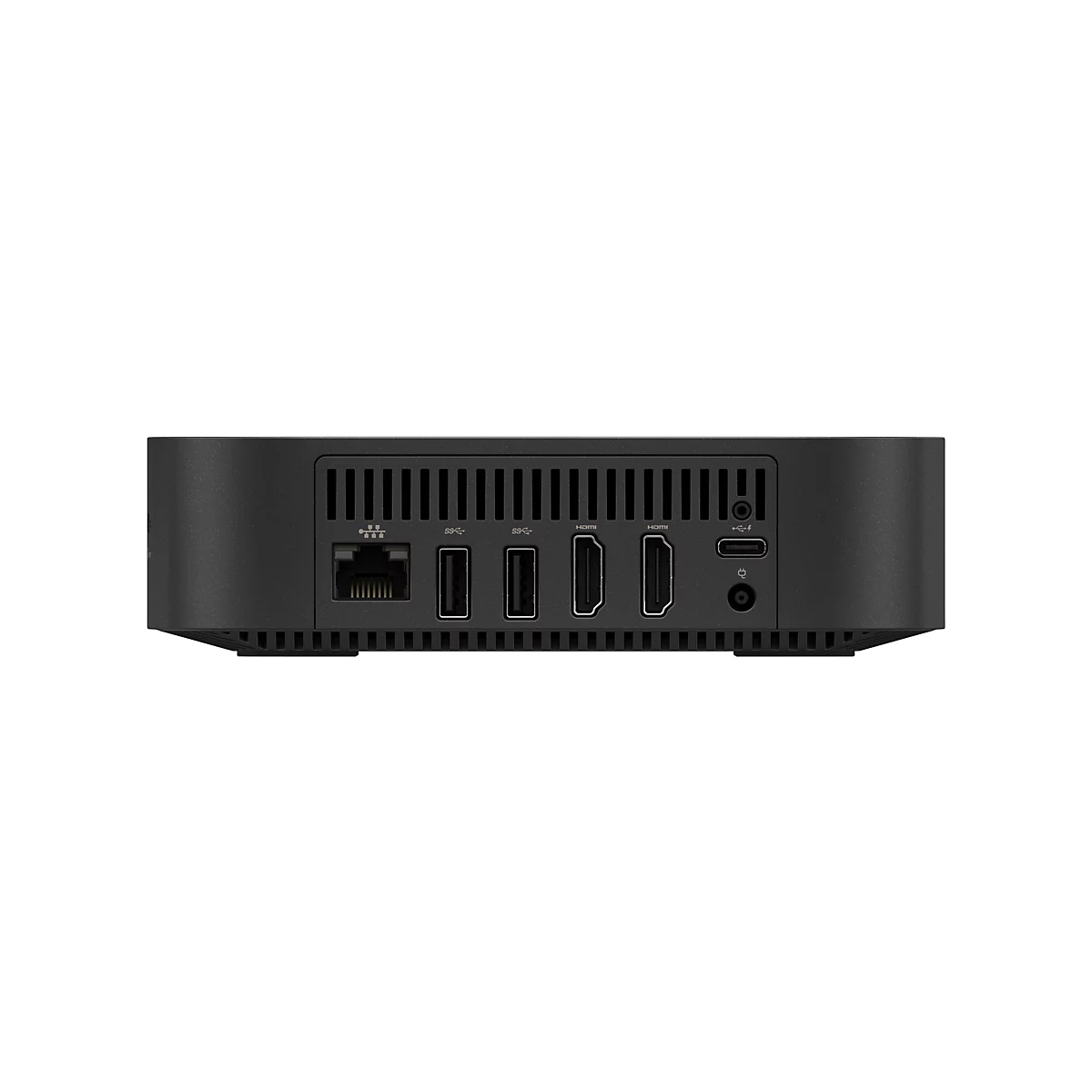 Schwarzer Mini-PC mit Anschlüssen, wie HDMI und USB.