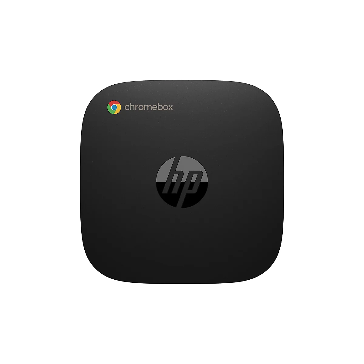 Schwarze, abgerundete quadratische ChromeBox mit HP Logo. Oben steht der Schriftzug "chromebox" neben einem farbigen Google-Symbol.