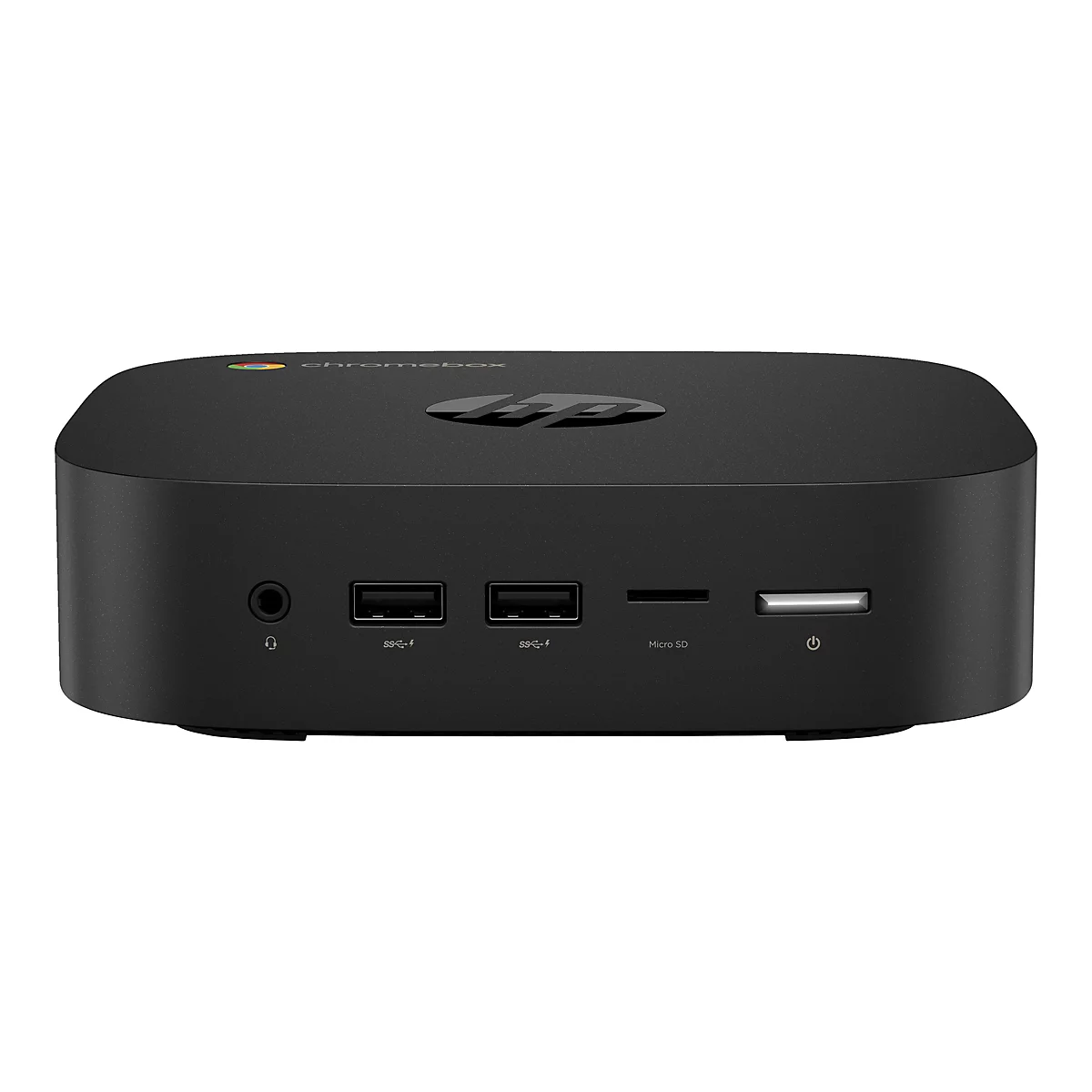 Schwarzer HP Chromebox-Computer mit Anschlüssen, darunter USB und Micro-SD-Slot, auf weißem Hintergrund.