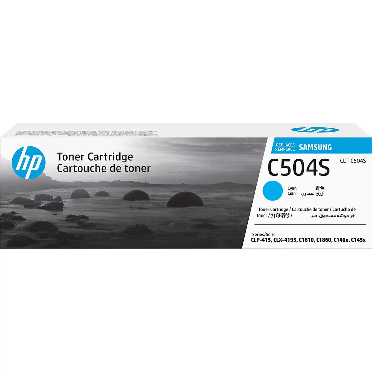 HP toner cartridge C504S, product image in front of a background with water and stones.