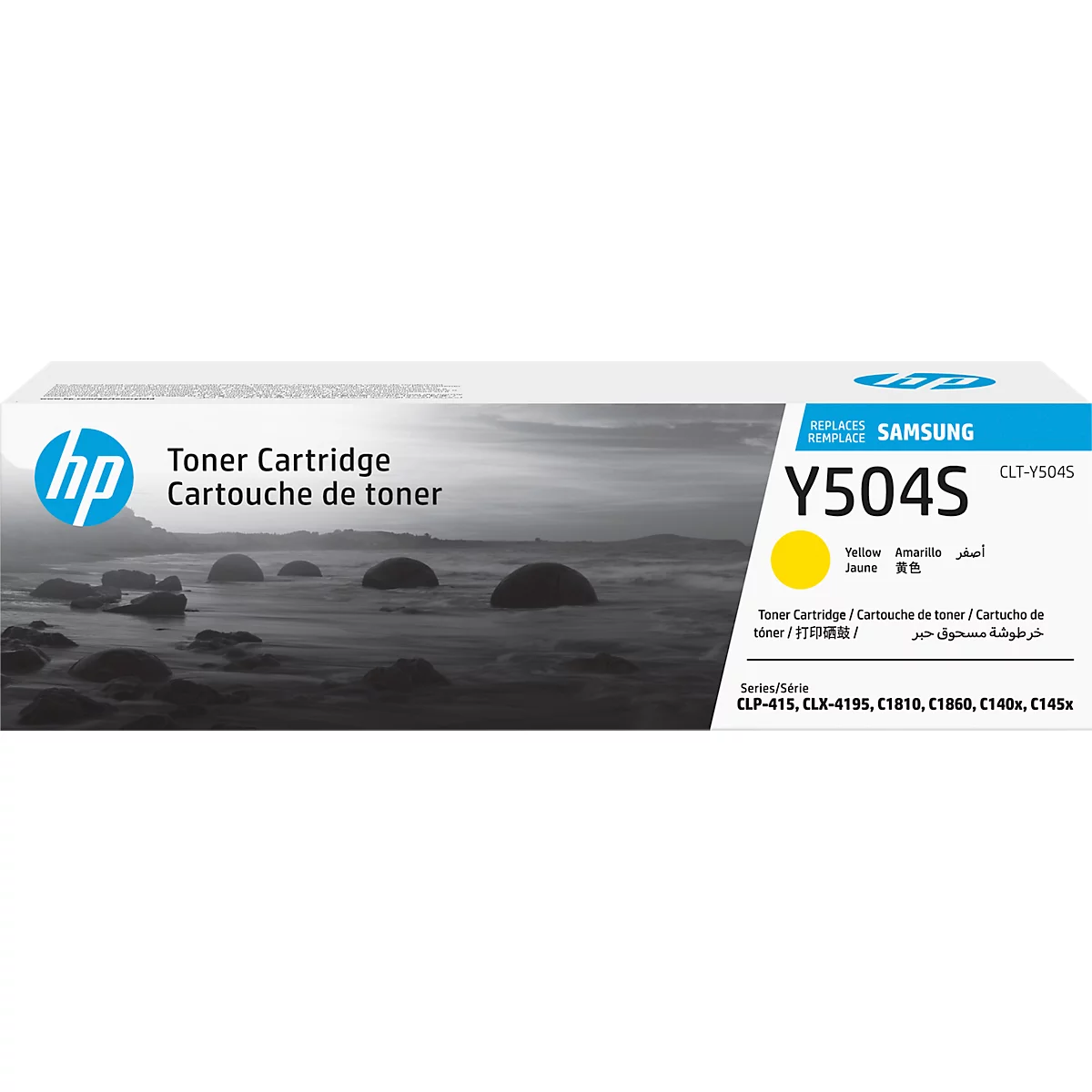 Yellow HP Y504S toner cartridge against a bleak background. Printed: Toner Cartridge, Samsung, Y504S.