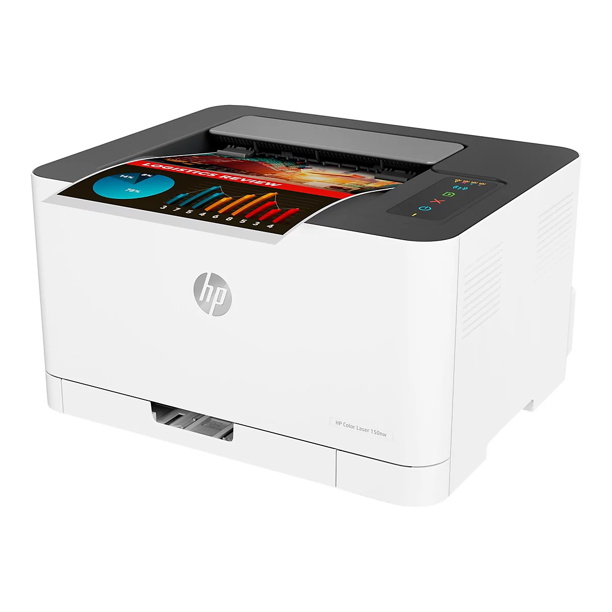 Ein weißer HP Color Laser 150nw Drucker mit einem Blatt Papier, das Statistiken mit Diagrammen zeigt.