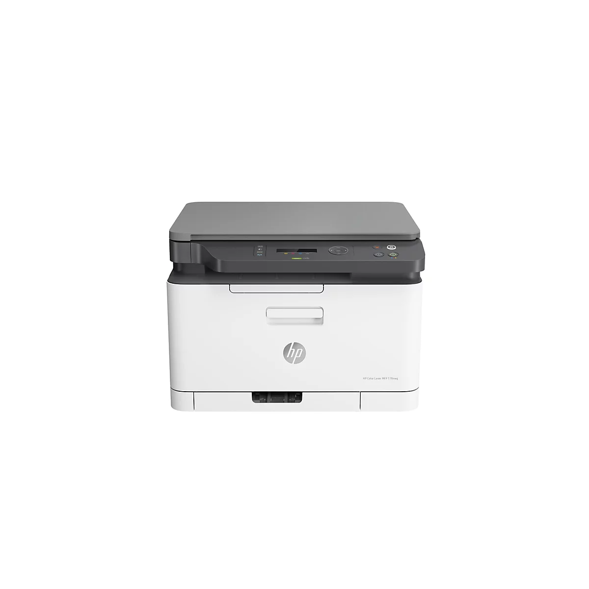 Ein weiß-grauer HP-Farblaserdrucker vor weißem Hintergrund. Oben ein Bedienfeld, darunter ein Papierausgabeschlitz.