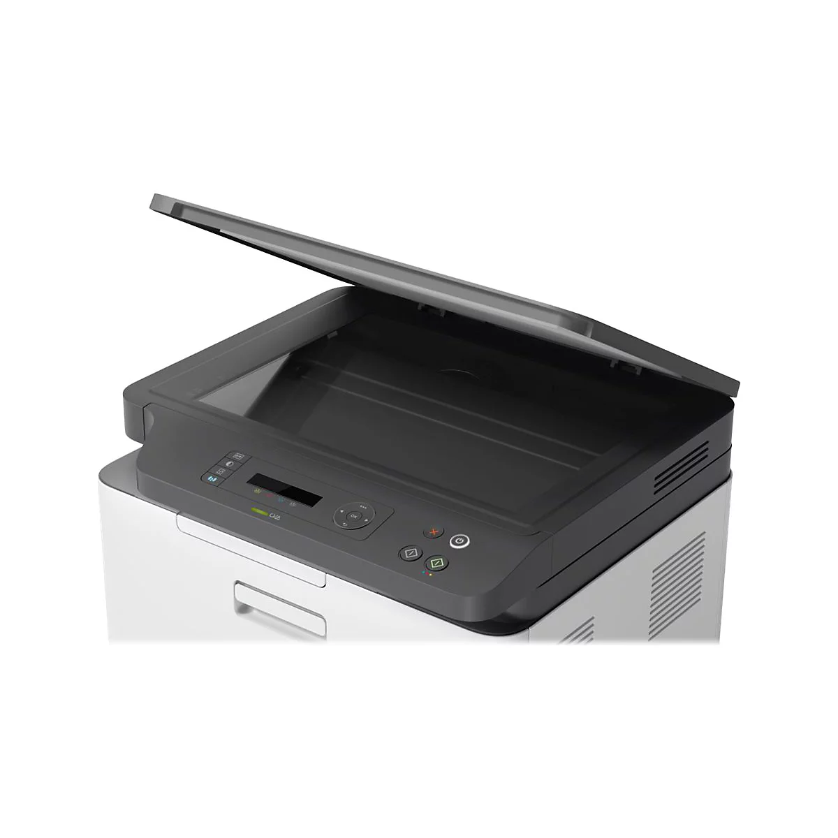 Draufsicht auf einen Drucker mit geöffnetem Deckel. Schwarz-graues Design, weißer Sockel. Knöpfe und Anzeige vorne.
