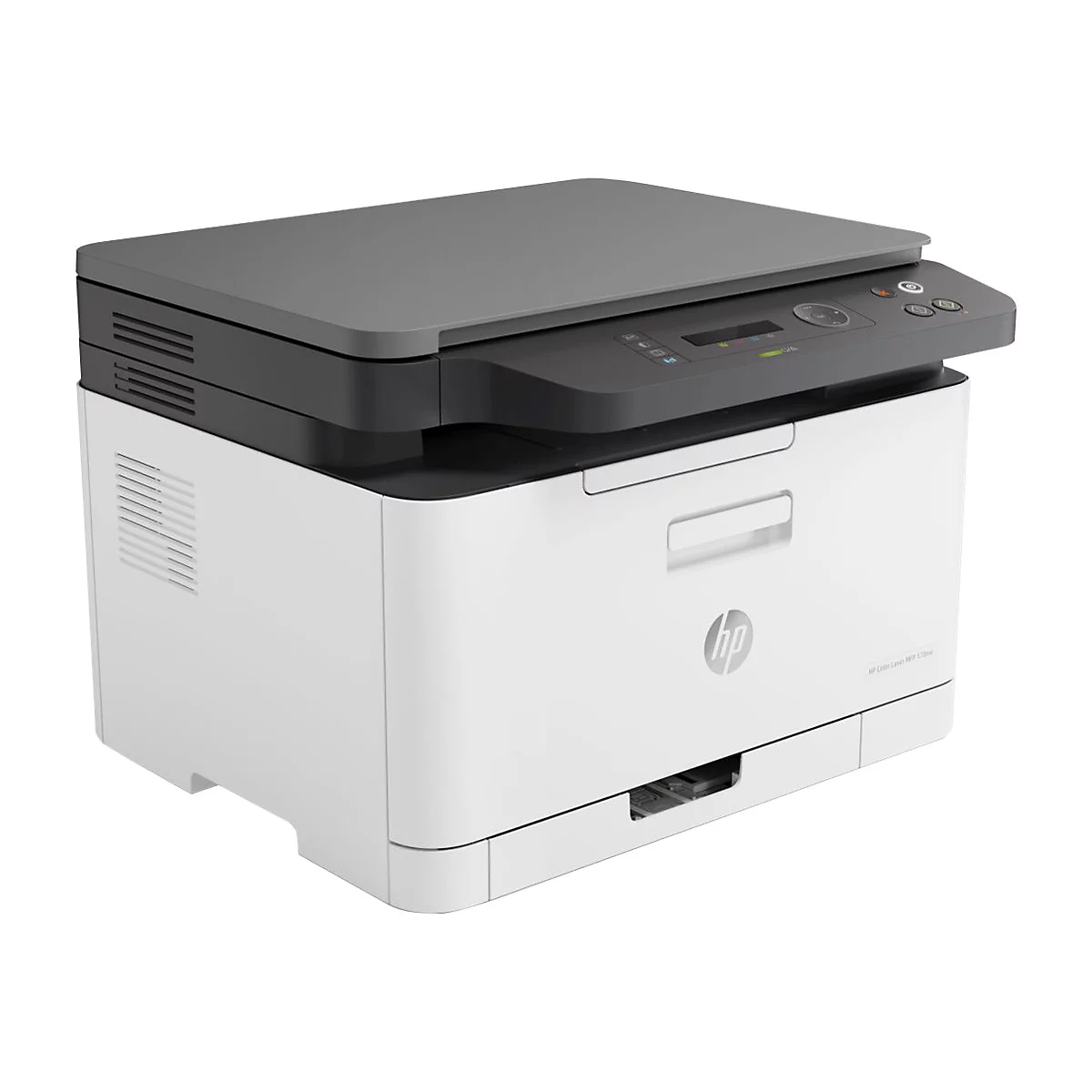 Weißer HP-Farblaserdrucker, grau abgesetzt. Druckertyp mit Papierauswurf und Bedienfeld.