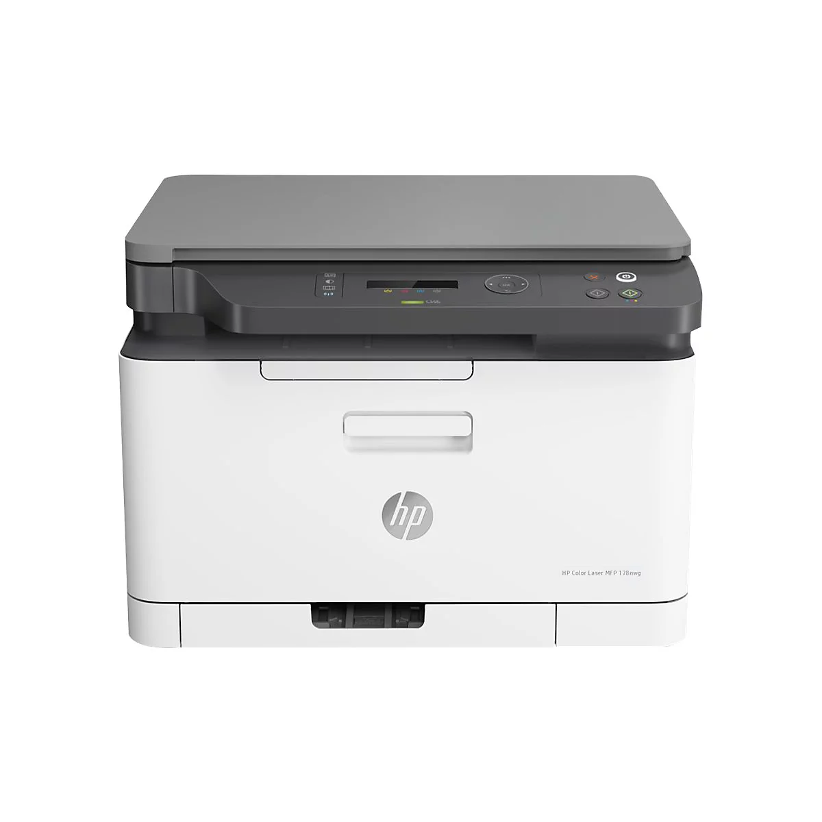 Weißer HP-Farblaserdrucker mit grauem Deckel. Auf der Vorderseite befindet sich das HP-Logo. Schriftzug: HP Color Laser MFP 178nw.