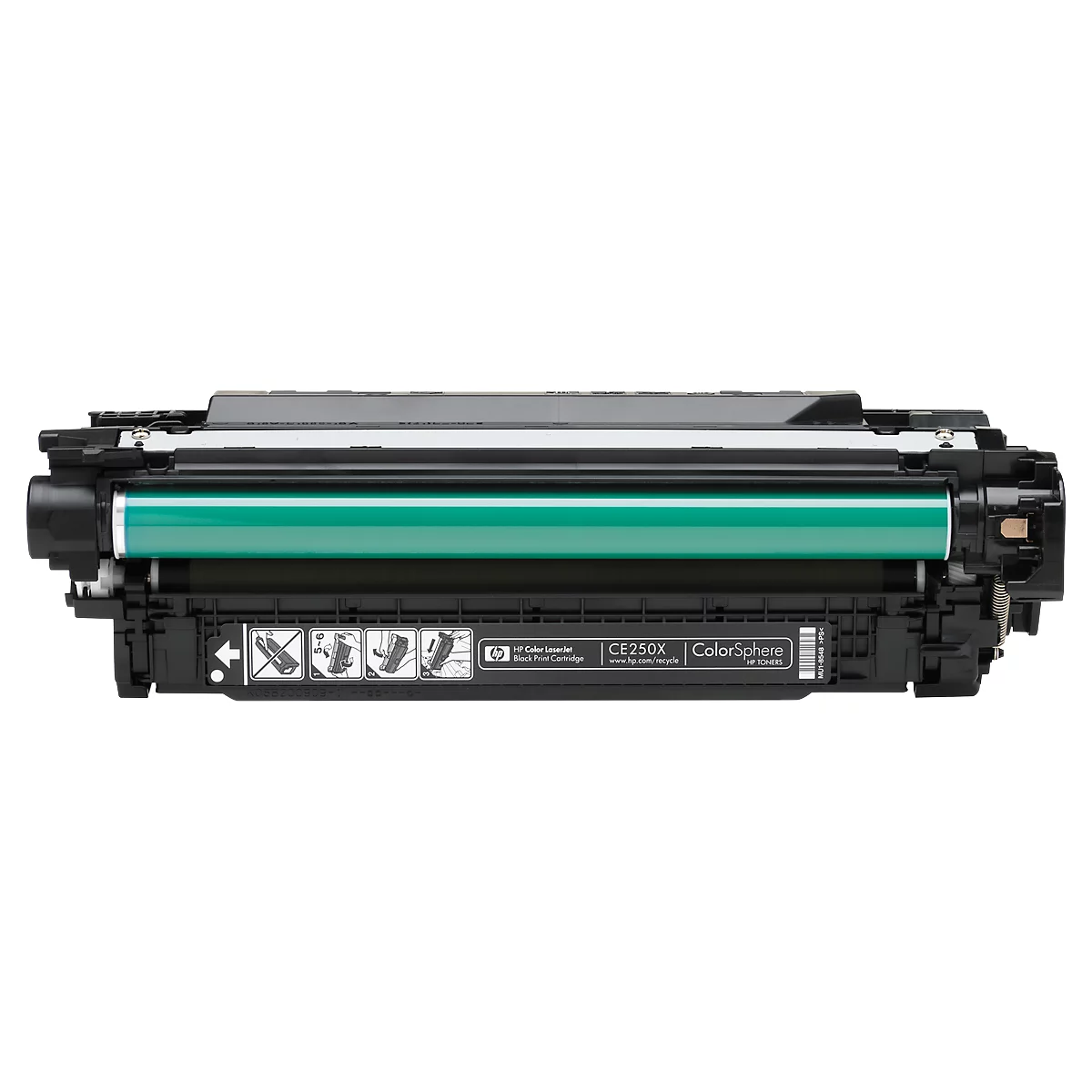 Een zwarte tonercartridge met een groene cilinder. Op de cartridge staat CE250X en ColorSphere.